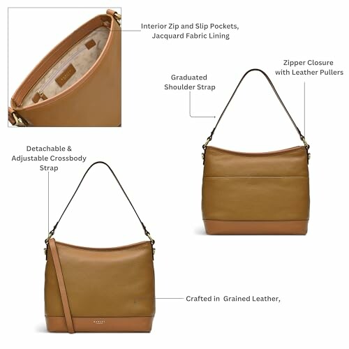 Brown leather shoulder bag with detachable strap, zipper closure, and interior pockets.