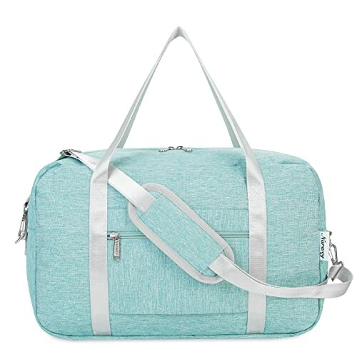 Light blue duffel bag with handles and shoulder strap.