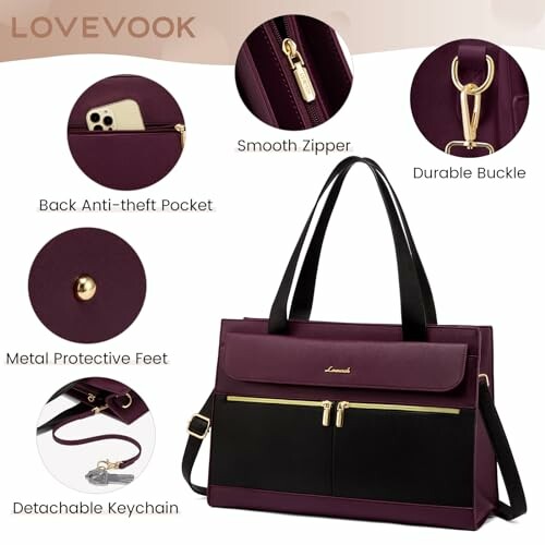 Purple and black tote bag with multiple features including anti-theft pocket, smooth zipper, durable buckle, metal protective feet, and detachable keychain.