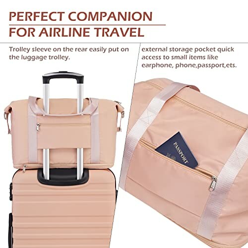 Travel bag with trolley sleeve and storage pocket for small items.