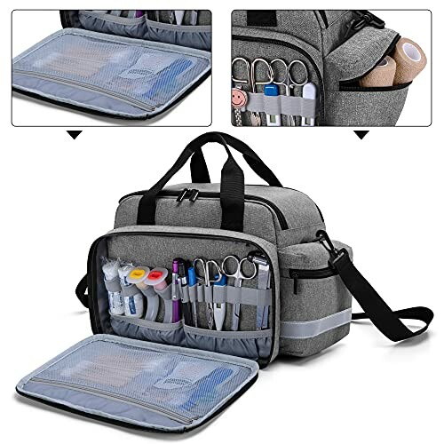 Gray medical nurse bag with organized compartments and medical tools.