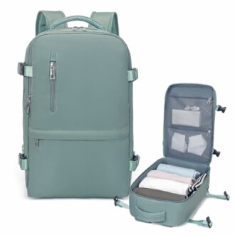 Mint green travel backpack with organized compartments.