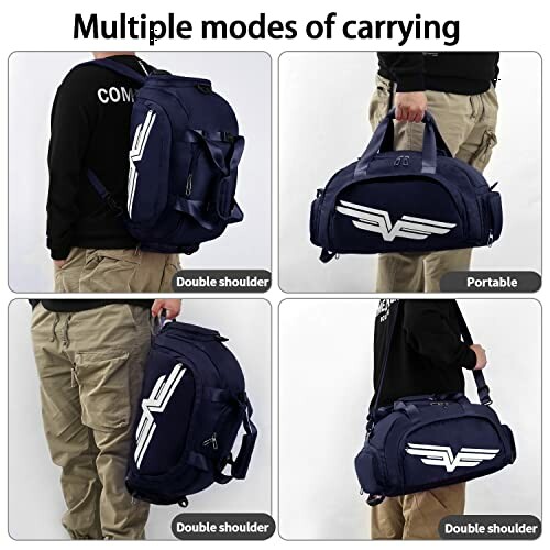 Person demonstrating multiple carrying modes of a blue duffle bag.