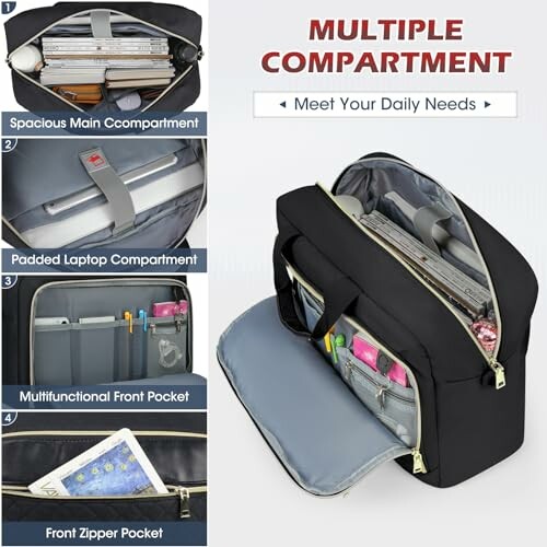 Travel bag with multiple compartments including spacious main compartment, padded laptop compartment, multifunctional front pocket, and front zipper pocket.