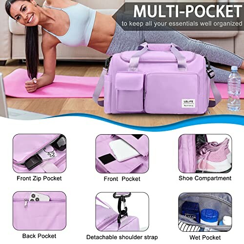 Woman exercising with a multi-pocket gym bag featuring various compartments.