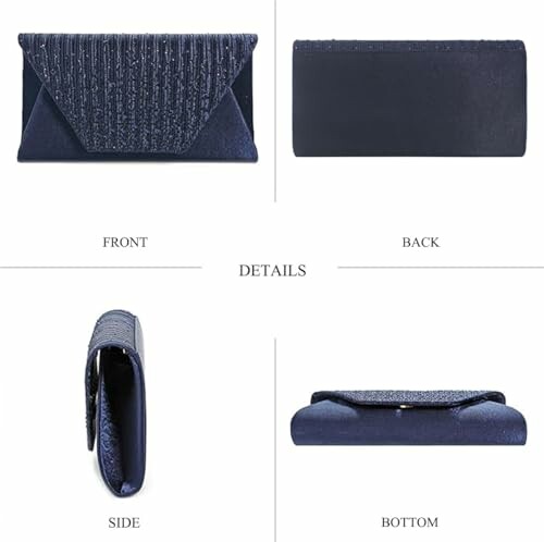 Navy blue envelope clutch showing front, back, side, and bottom views.