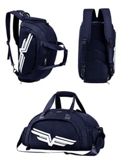 Navy blue sports duffel bag with backpack straps and logo design.