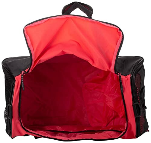 Open black and red sports duffel bag with visible interior.