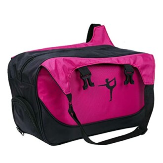 Pink and black sports duffel bag with a dancer silhouette.