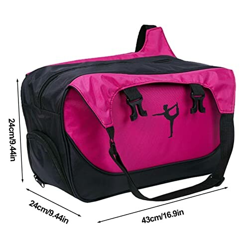 Pink and black gym bag with dimensions