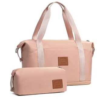 Pink duffel bag with matching toiletry bag