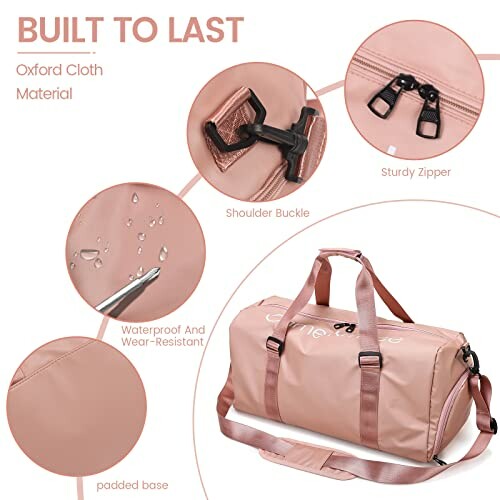 Pink gym bag with Oxford cloth material, sturdy zipper, shoulder buckle, waterproof and wear-resistant design, padded base.