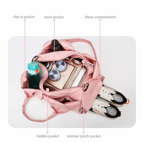 Pink gym bag with labeled compartments including shoes, main, and slip-in pockets.