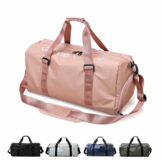 Pink gym duffel bag with shoulder strap and multiple color options.