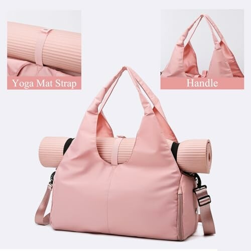 Pink yoga bag with attached yoga mat and handle.