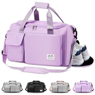 Purple gym bag with shoe compartment and multiple pockets.