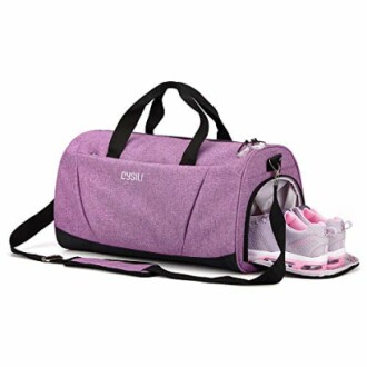 Purple gym bag with a shoe compartment and pink sneakers