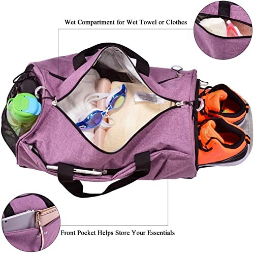 Open purple gym duffel bag with compartments for shoes, water bottle, and essentials.