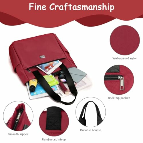 Red backpack showcasing features like waterproof nylon, smooth zipper, reinforced strap, back zip pocket, and durable handle.