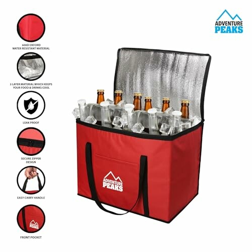 Red insulated cooler bag with bottles and secure zipper, showcasing its practical features.