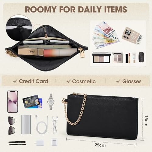 Black purse showing spacious interior with cosmetics, credit cards, and glasses.