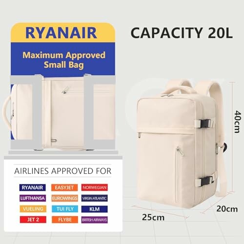 Ryanair maximum approved small bag with dimensions 25x20x40cm and 20L capacity.