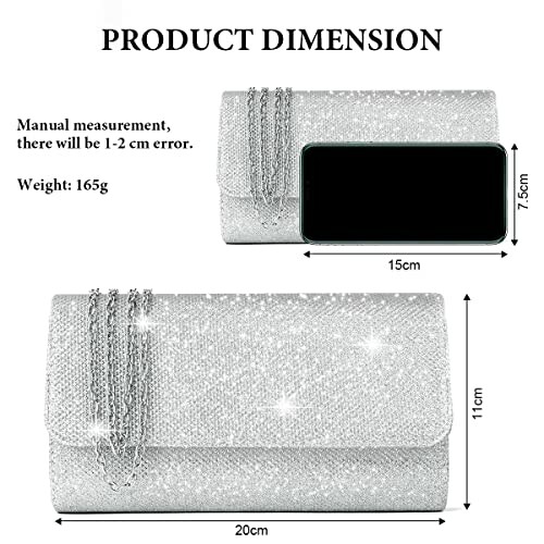 Dimensions of a silver clutch bag with a phone for scale.