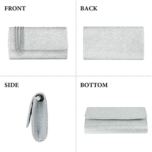 Four views of a silver glittery clutch bag including front, back, side, and bottom.