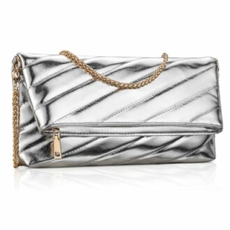 Silver metallic clutch bag with gold chain strap.