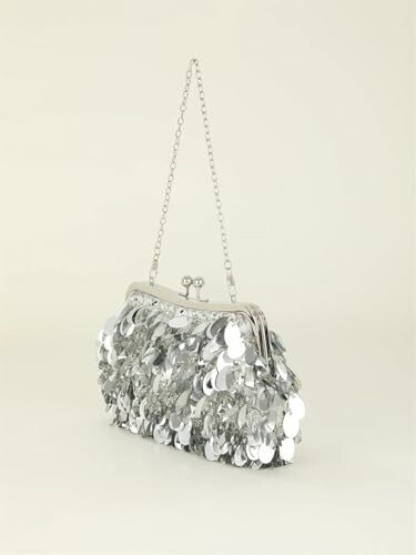 Silver sequin clutch bag with chain strap