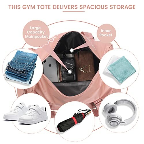 Open gym tote bag with items like jeans, laptop, shoes, umbrella, headphones, and towel.