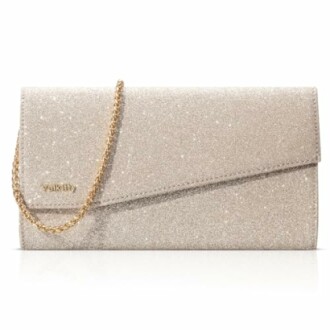 Sparkly gold clutch bag with chain strap