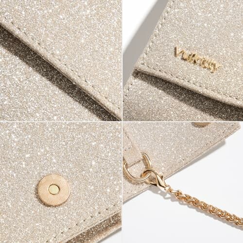 Close-up of sparkly gold clutch with chain and clasp details.