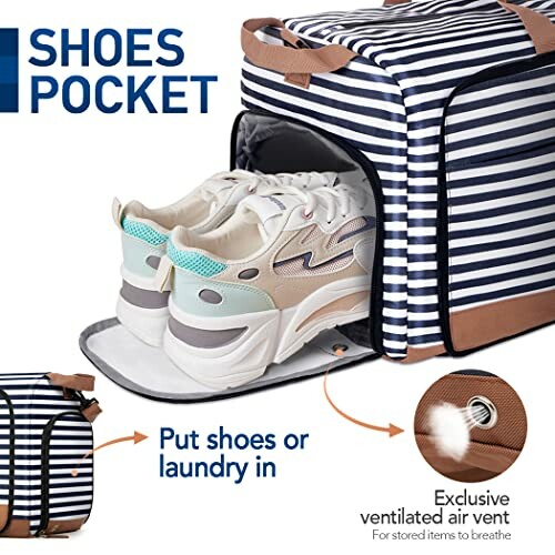 Striped bag with shoe pocket and sneakers inside.