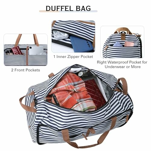 Striped duffel bag with storage pockets and compartments.