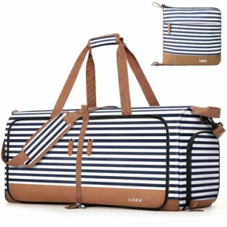 Striped travel duffel bag with shoulder strap and compact foldable design.