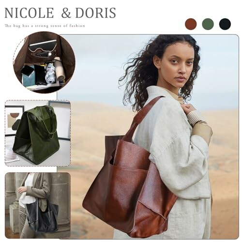 Woman carrying a stylish leather tote bag in a desert setting.