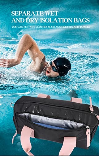 Swimmer in pool with a wet-dry separation bag.