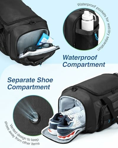 Gym bag with waterproof compartment and separate shoe section.