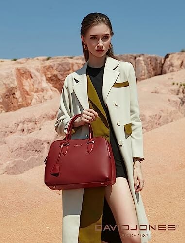 Woman in coat holding a red handbag in a desert landscape.